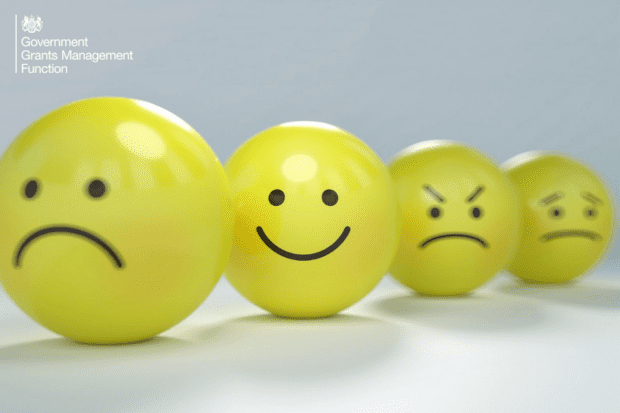 To depict different views - four yellow balls with faces drawn on them showing different emotions with different shaped mouth from a smile to a frown