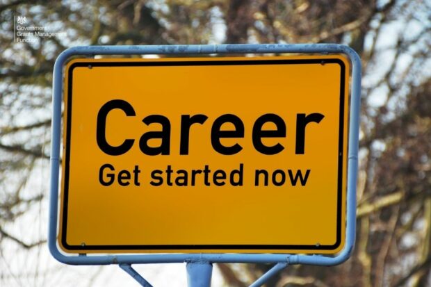 Yellow sign post with the words Career Get started now