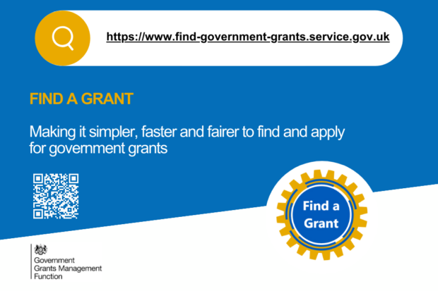 QR code and website address for Find a Grant on Gov.uk